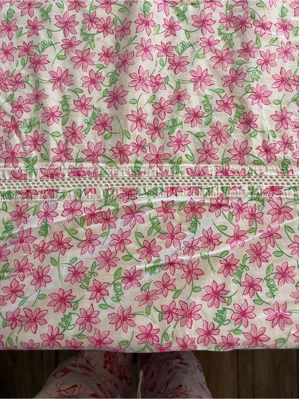Lilly Pulitzer Pink Floral Cotton Bedding Panel with Lace Accent